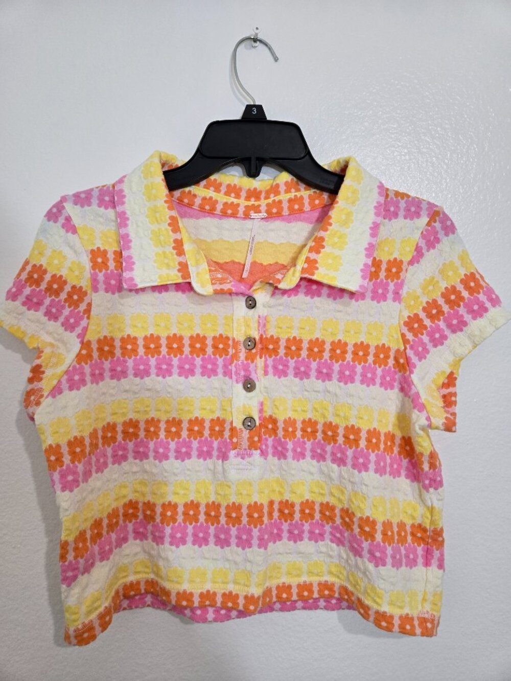 Free People "Babe Town" Textured Floral Polo Crop Top size Large